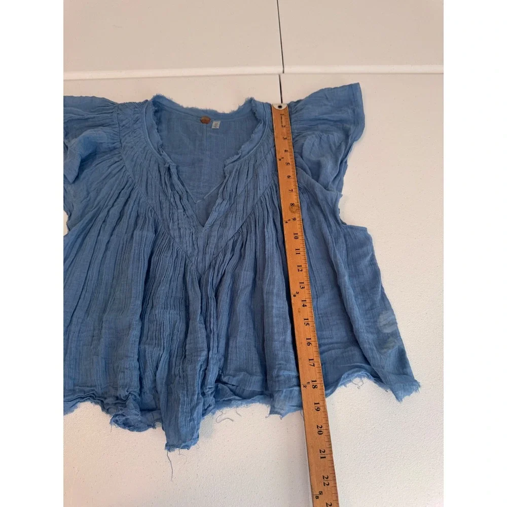 Free People FP One Blue Gauze Pleated Flutter Sleeve Boho Blouse Top Medium pp